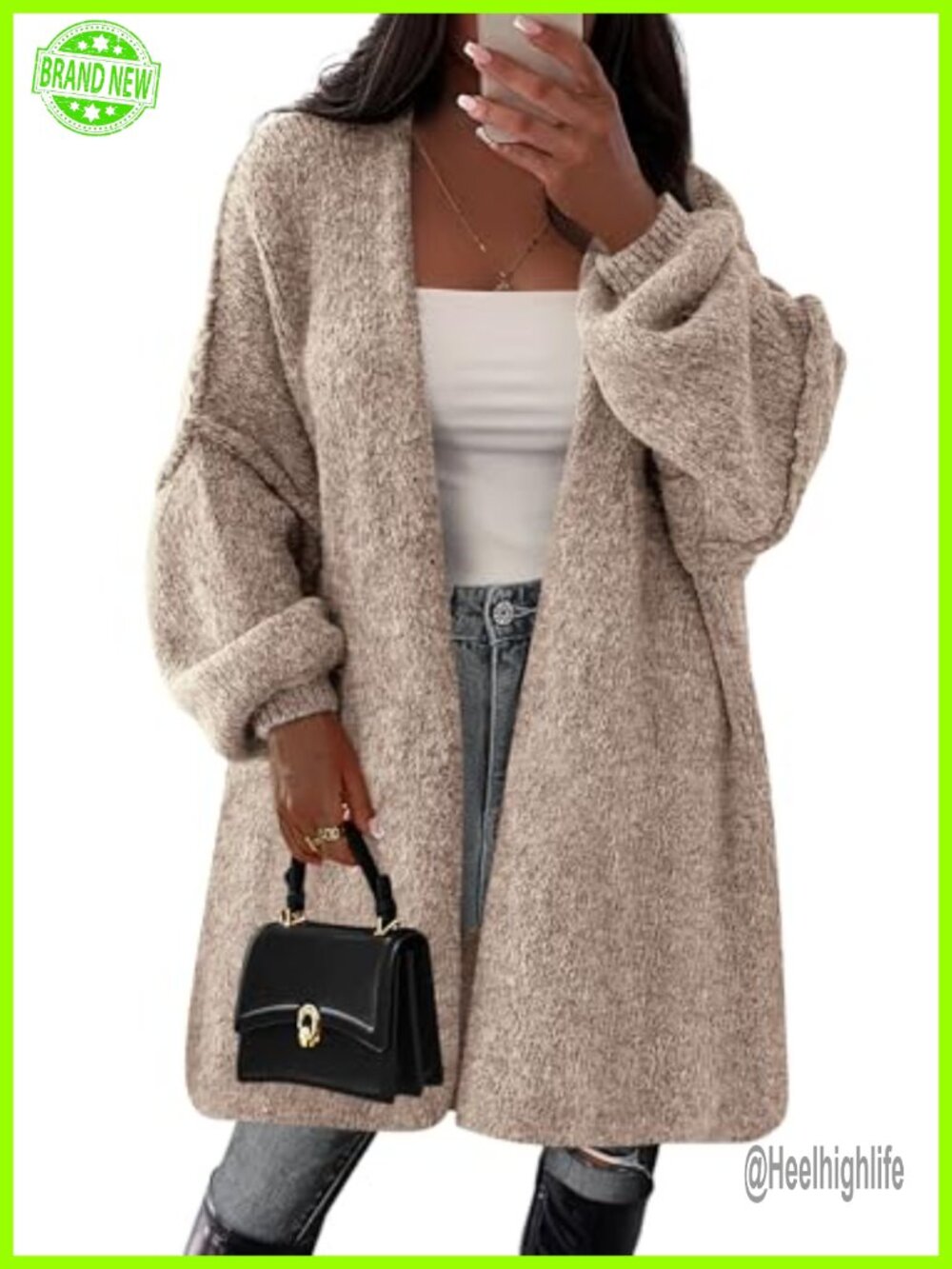 Oversized Long Knit Cardigan Sweater with Ribbed Cuffs